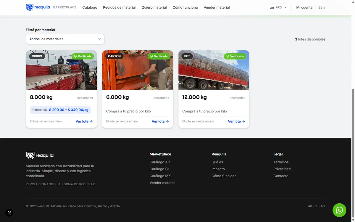 Catálogo del marketplace Reaquila con lotes de vidrio, cartón y PET verificados